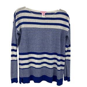 Lilly Pulitzer 100% Linen Royal Blue White Striped Long Sleeve Sweater XS AS IS